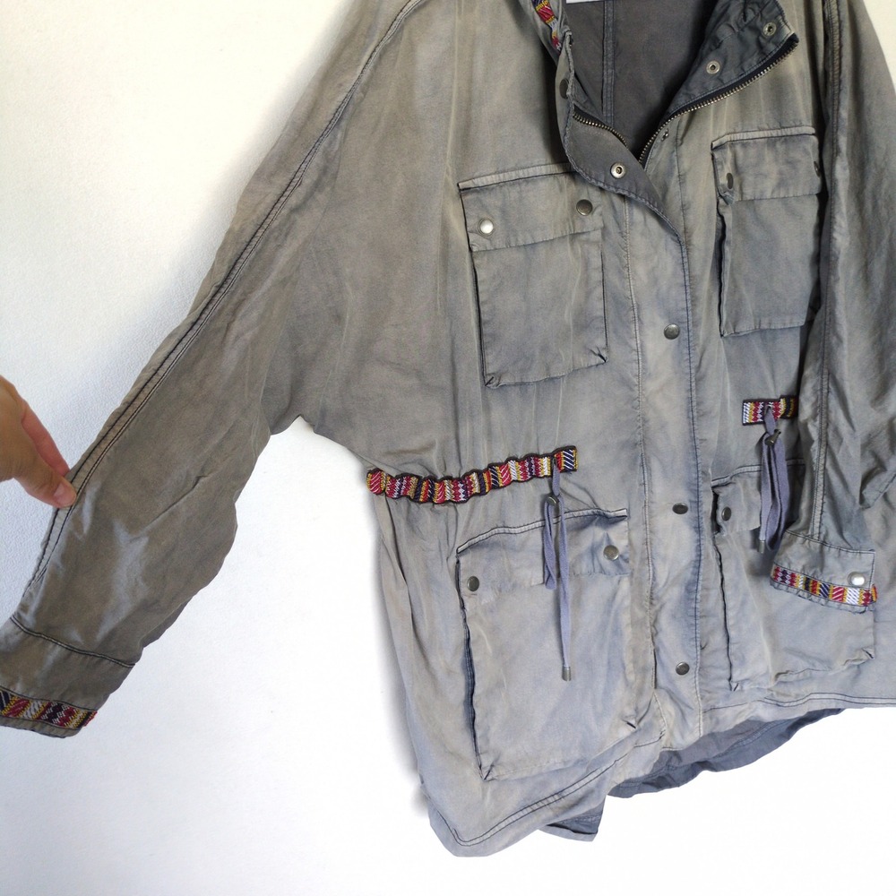 Free People Poplin Dolman Parka Jacket Green Gray Boho Utility Embroidered XS/S - Picture 9 of 14